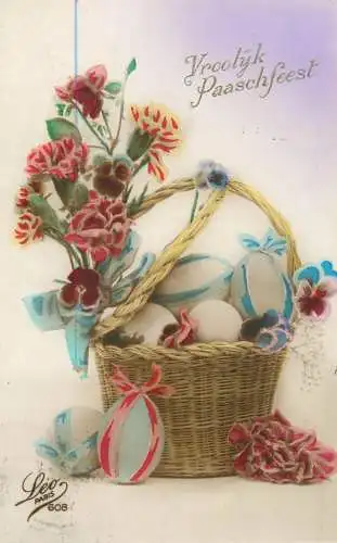 Easter greetings Vroolijk Paschfeest pencilled eggs basket and floral arrangement