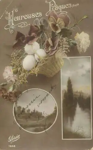 Easter greetings Hereuses Paques painted eggs basket and floral design