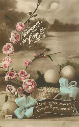 Easter greetings Joyeuses Paques painted eggs basket and floral design