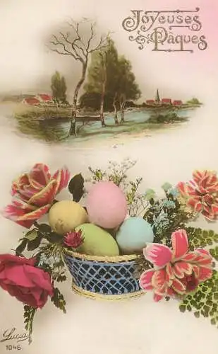 Easter greetings Joyeuses Paques painted eggs basket and floral motif