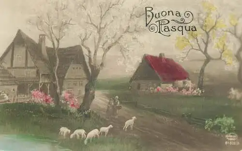 Easter greetings Buona Pasqua countryside farmhouse and lambs