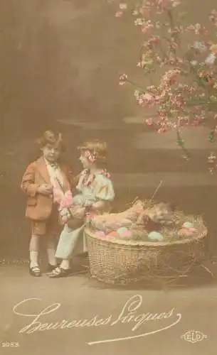 Easter greetings Heuresues Paques children types and scenes, painted eggs basket