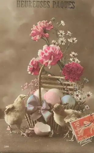 Easter greetings Heuresues Paques chicken painted eggs and flower basket