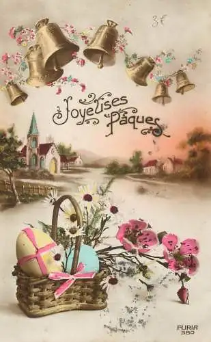 Easter greetings Joyeuses Paques bells, painted eggs and flowers