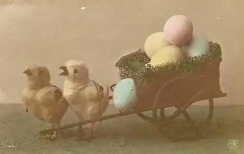 Easter greetings chicken with painted eggs