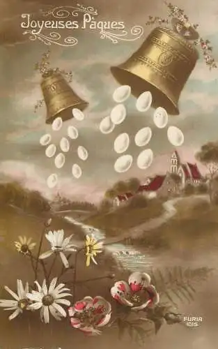 Easter greetings Joyeuses Paques bells and flowers