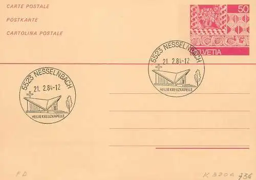 Suisse papeterie estampillée Heilig Kreuzkapelle Nesselnbach 1984
