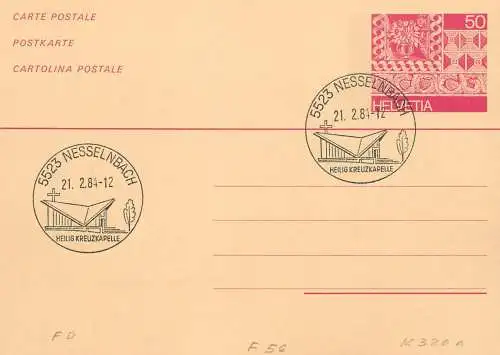 Suisse papeterie estampillée Heilig Kreuzkapelle Nesselnbach 1984