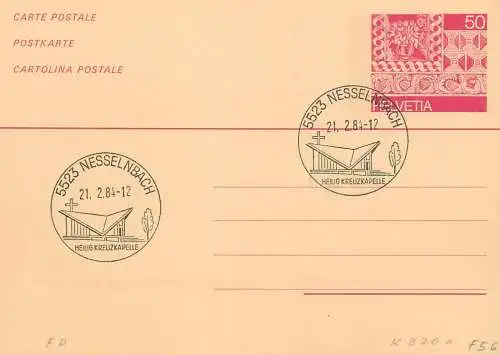 Suisse papeterie estampillée Heilig Kreuzkapelle Nesselnbach 1984