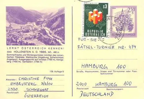 Postcard Austria stamped stationery Lernt Osterreich Kennen Hollenstein Finn