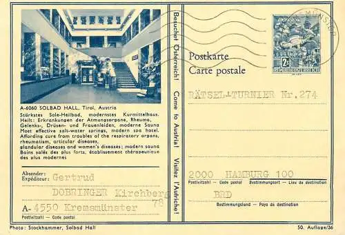 Postcard Austria stamped stationery Solbad Hall Tirol Dobringer