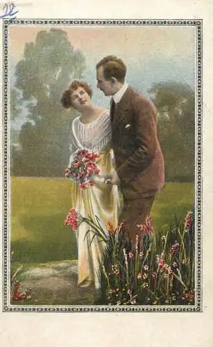 Postcard fancy card couples in garden flowers dress elegance