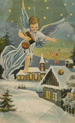 Postcard fancy card religion child angel winter landscape