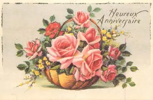 Postcard fancy card flower basket heureux anniversaire
