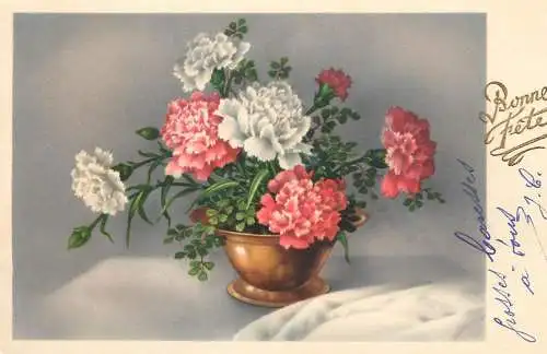 Postcard fancy card flower vase bonne fete