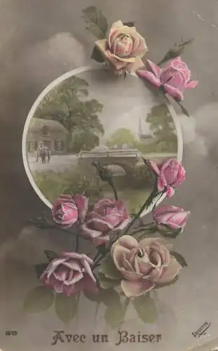 Postcard fancy card flowers and village landscape avec un baiser