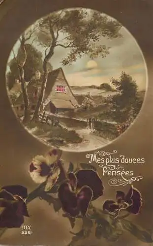 Postcard fancy card flowers and village landscape