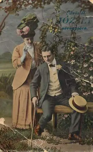 Postcard fancy card couple elegance haircut hat cane