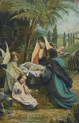 Postcard religion Romania nativity Jesus and angels