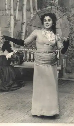 Souvenir vintage photo postcard anonymous woman with umbrella theater