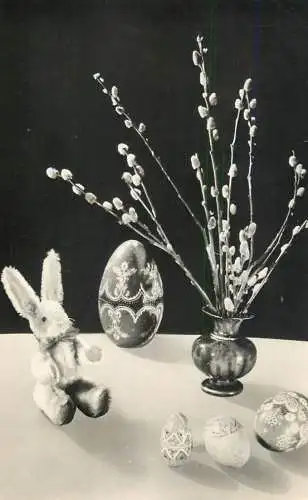 Easter greetings blossom willow decorative vase arrangement, pencilled eggs and bunny