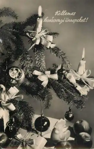Christmas greetings decorated fir tree detail view