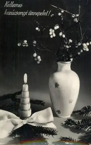 Christmas greetings vase floral decorative ornament & lit candle