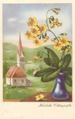 Holiday postcard Herzliche Ostergrube flower vase