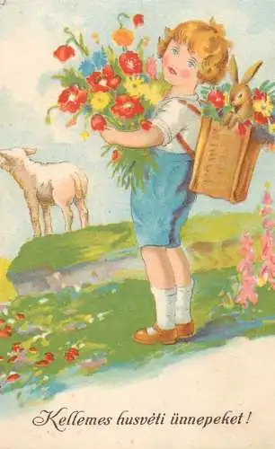 Holiday postcard Easter kellemes husveti unnepeket sheep and rabbit in backpack