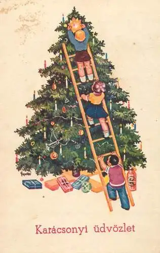 Holiday postcard Christmas boldog karacsonyi udvozlet tree and gifts