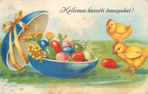 Holiday postcard Easter eggs and chicken