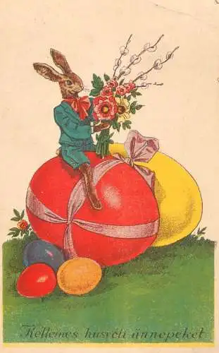 Holiday postcard Easter Kellemes husveti unnepeket humanized rabbit