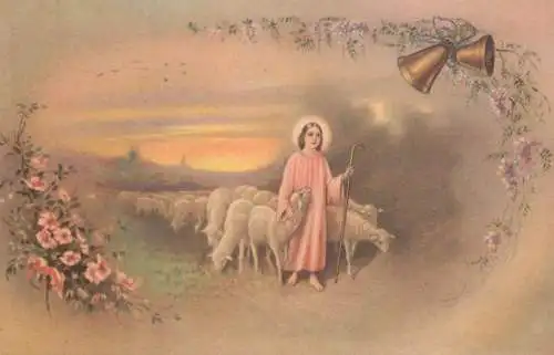 Holiday postcard Easter 1934 saint and sheep painting