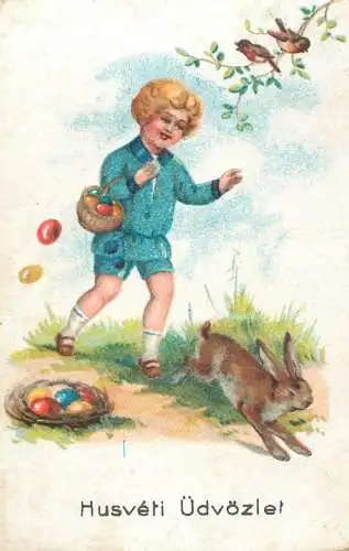 Holiday postcard Easter Husveti udvozlet eggs rabbit