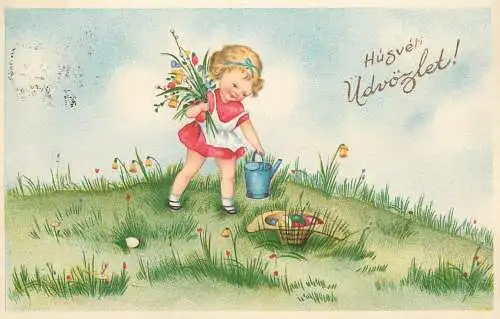 Holiday postcard Husveti Udvozlet girl and egg basket