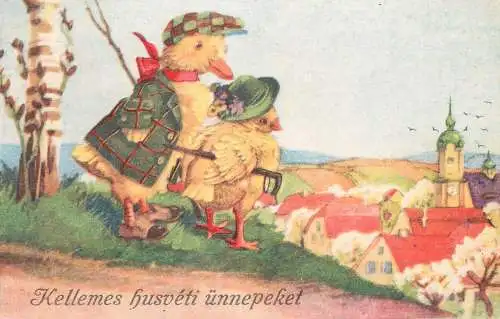 Holiday postcard Kellemes husveti unnepeket humanized chicken