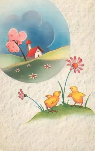 Fantaisie Pâques poussins animé chicken flower and church