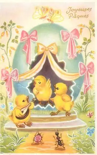 Fantaisie Pâques poussins animé Joyeuses Paques humanized chicken banjo eggs flower