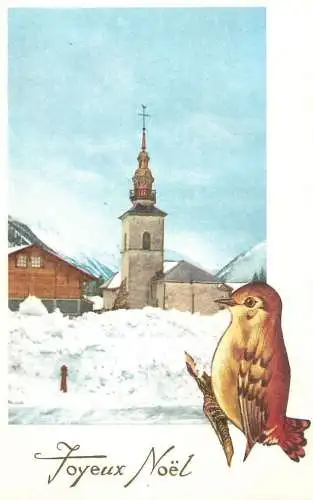 Postcard Joyeux Noel winter landscape bird and belltower