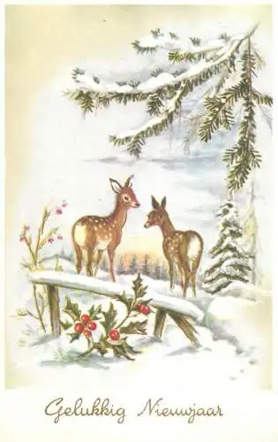 Postcard Gelukkig Nieuwjaar winter landscape and deers