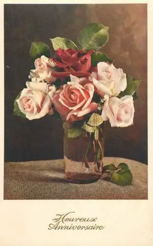 Postcard Heureux Anniversaire flower vase