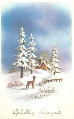 Postcard Gelukkig Nieuwjaar winter landscape deer