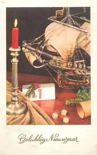 Postcard Gelukkig Nieuwjaar model sailship candle