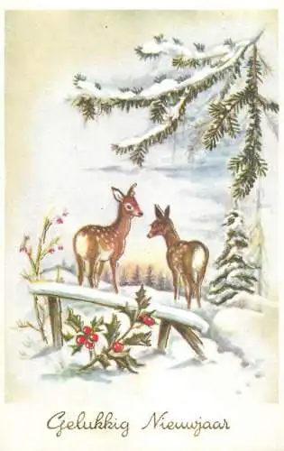 Postcard Gelukkig Nieuwjaar winter landscape and deers