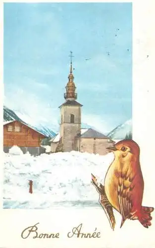 Postcard Bonne Annee winter landscape and bird