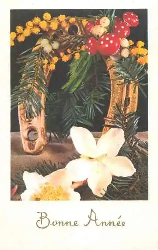 Postcard Bonne Annee Christmas tree and horseshoe flower
