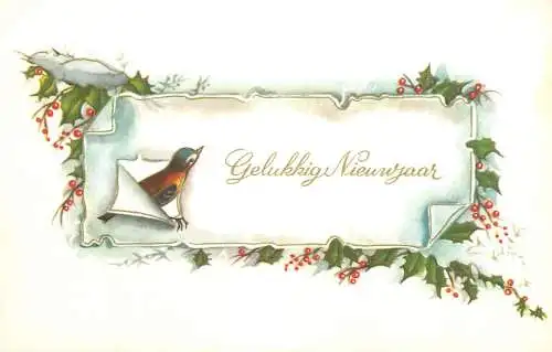 Postcard Gelukkig Nieuwjaar winter landscape and bird