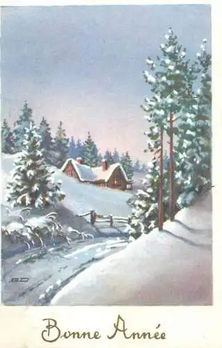 Postcard Bonne Annee winter landscape