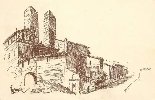 Italy San Gimignano medieval architecture signed pencil drawing