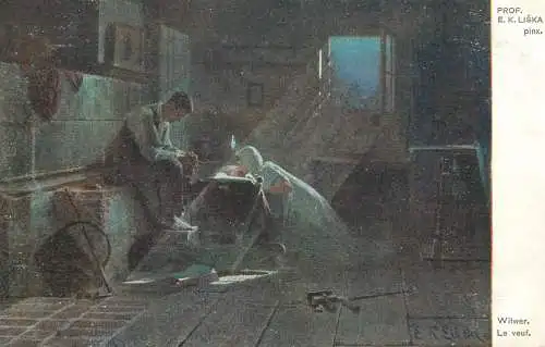Postcard illustrator painting prof. E.K. Liska witwer le veuf